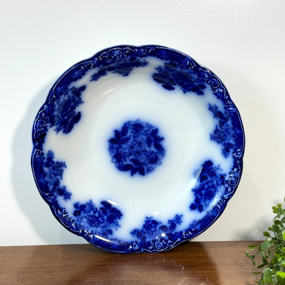 Antique Flow Blue Serving Bowl New Wharf Pottery Waldorf 9" Round